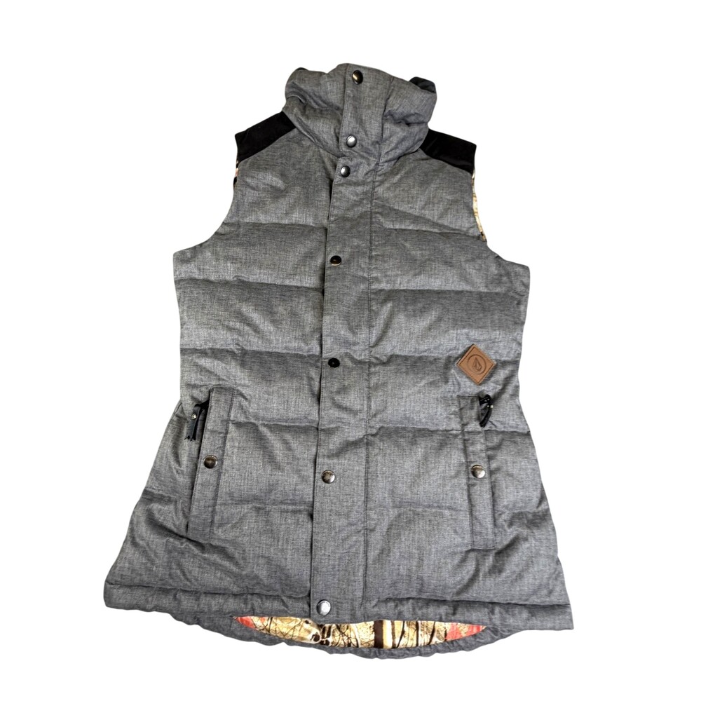 Volcom Flute Down Vest Womens Small Gray Tweed Puffer Deer Print 600mm H1851400